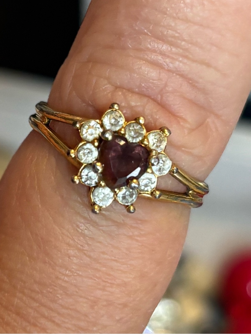 Vintage Avon Red Heart Rhinestone Halo Ring